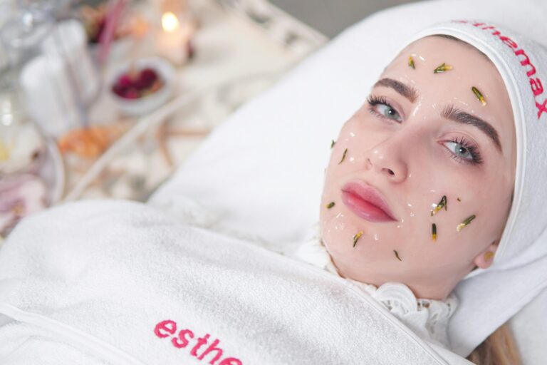 Woman enjoying a relaxing Herbal skincare treatment, promoting health and beauty.